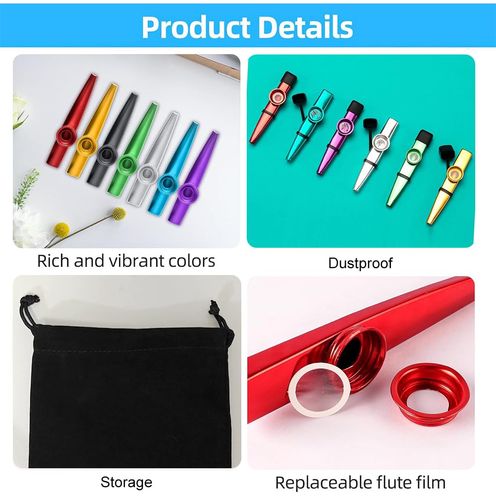 Kazoo Instrument - 6 Colours Metal Kazoo, 8 x Flute Membrane, 6 x